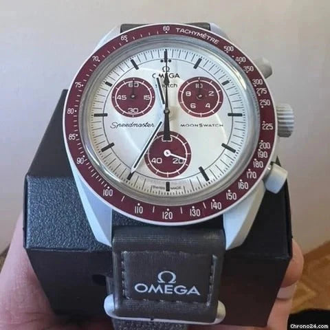Swatch x Omega Cream and Maroon Dial/Black Strap Mission to Mercury OG-1029