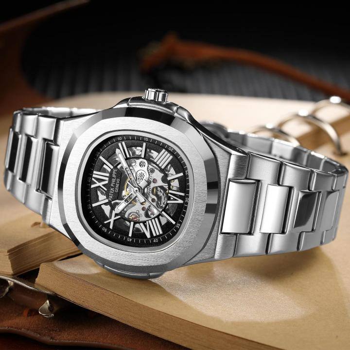 Patek Skeleton Automatic Silver Black Watch