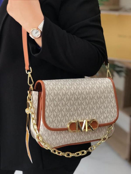 Michael Kors Parker Medium Logo Beige Brown Messenger Bag With OG Box Dust Cover & Carry Bag 100828 Beige Brown(LB)