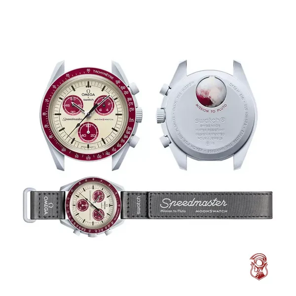 Swatch x Omega Cream and Maroon Dial/Black Strap Mission to Mercury OG-1029