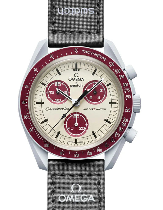Swatch x Omega Cream and Maroon Dial/Black Strap Mission to Mercury OG-1029
