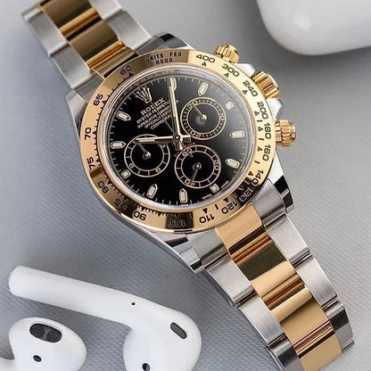 Rolex Silver Gold Black Dial Analog Chronograph Round Men's Watch