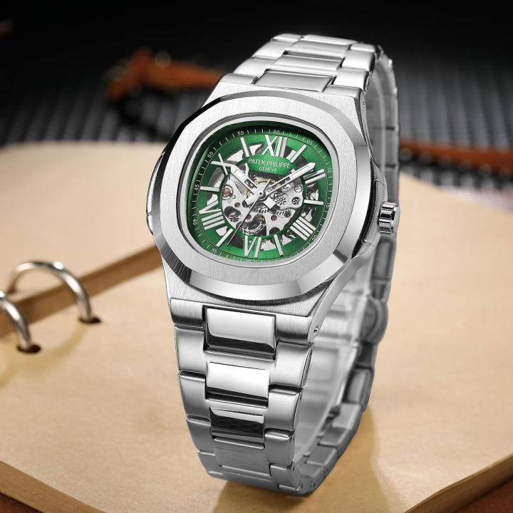 Patek Skeleton Automatic Silver Green Watch
