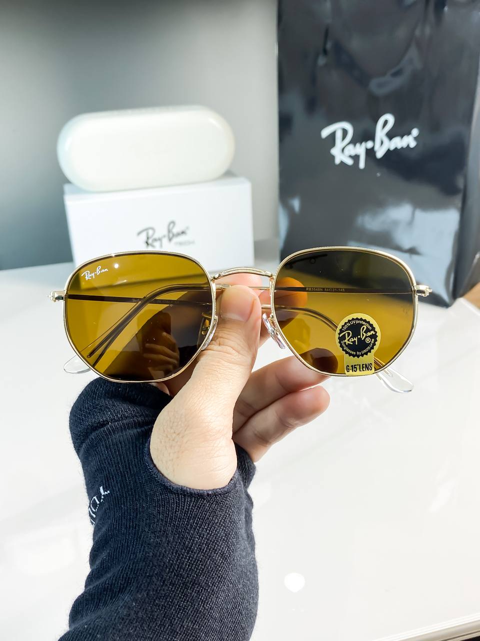 Rayban Hexa Gold Brown Sunglass