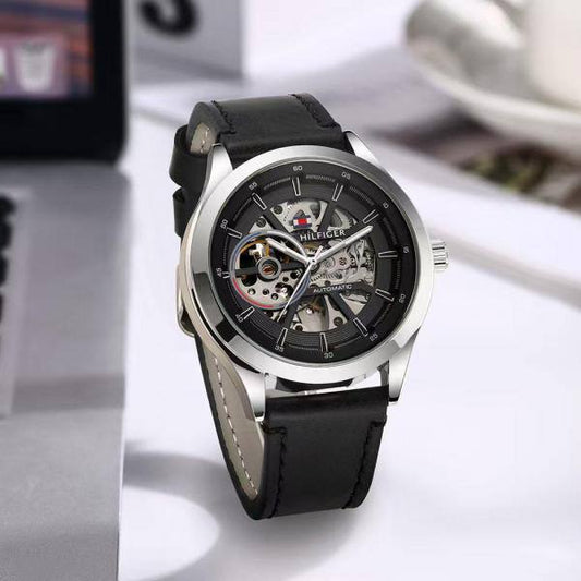 Tommy Automatic Black Silver Leather Watch